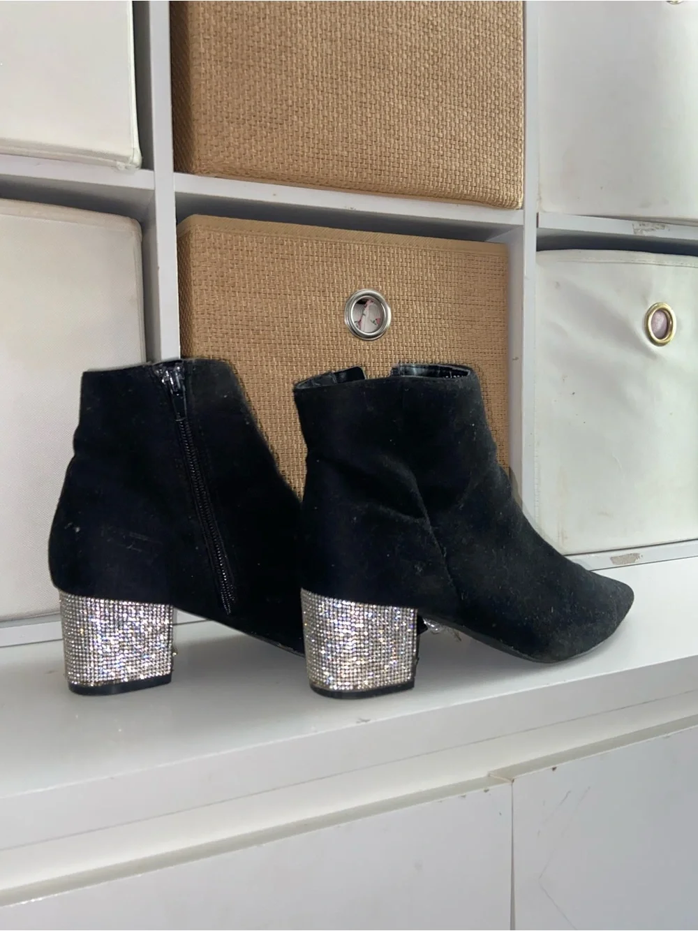 Black Suede Ankle Booties with Sparkle Block Heel